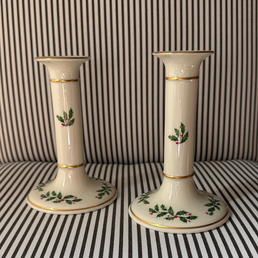 Lenox Holiday Christmas Candlesticks Set of 2 – 6” Porcelain with Gold Trim